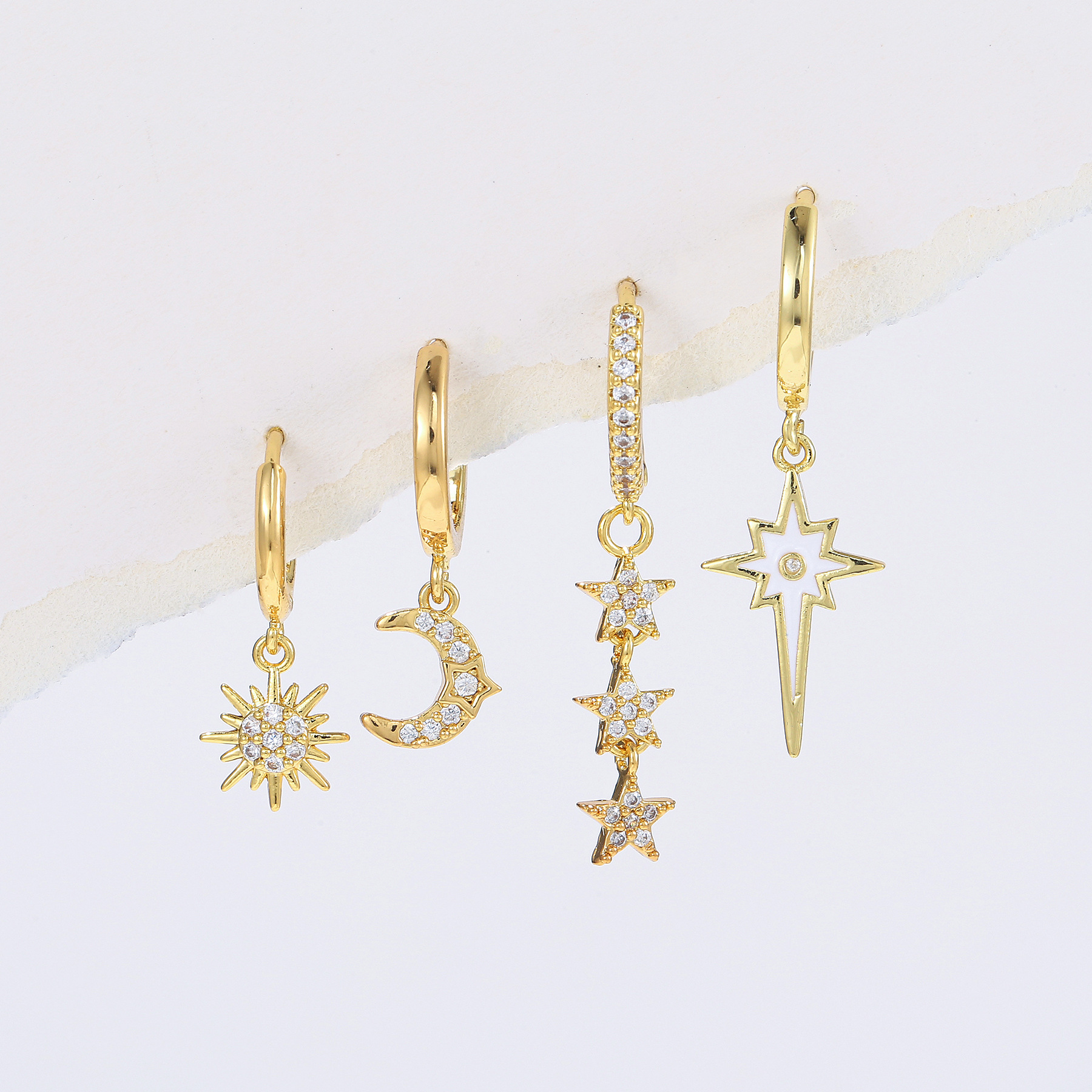 Cross-Border New Arrival Asymmetric Awn Star Moon Ear Clip Fashion Micro Inlaid Zircon Tassel Five-Pointed Star Set Earrings Earrings