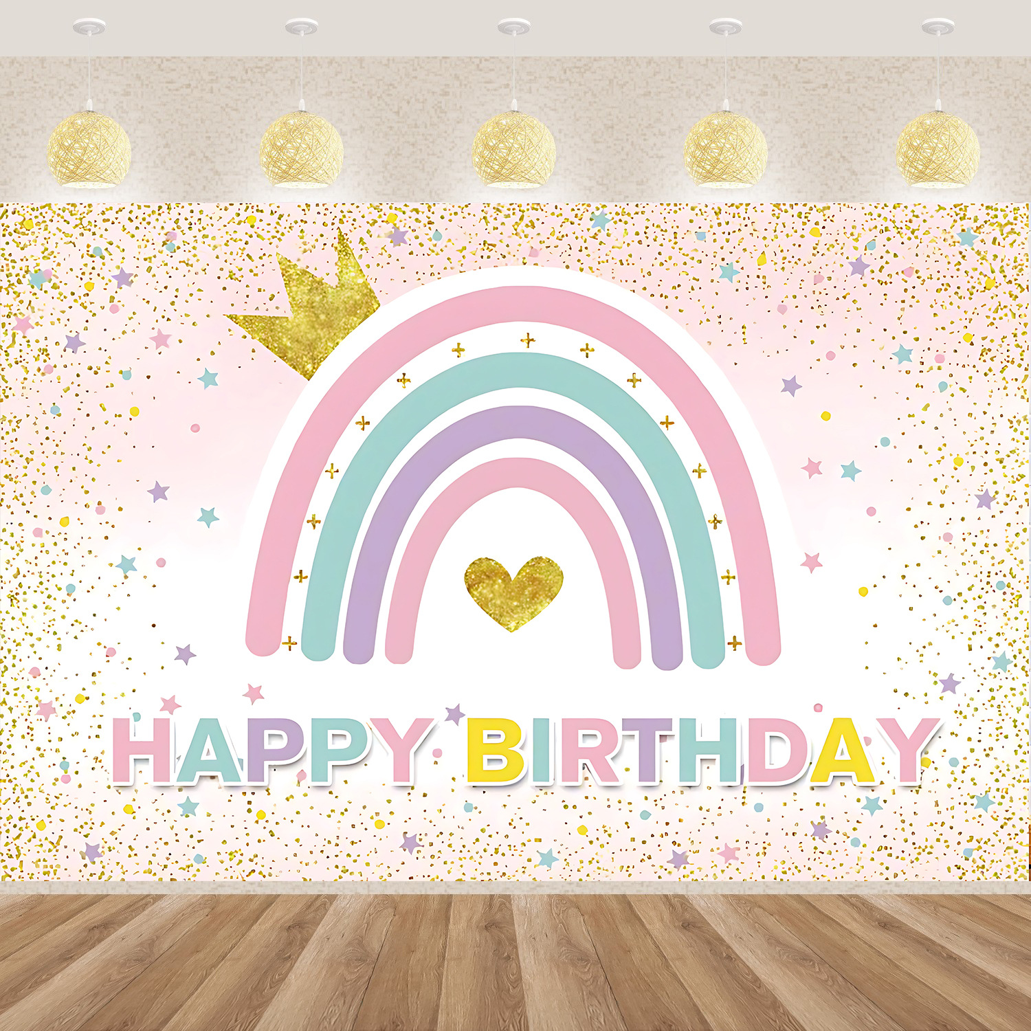 跨境亚马逊粉色彩虹云朵乙烯基材质生日聚会装饰背景拍照背景布