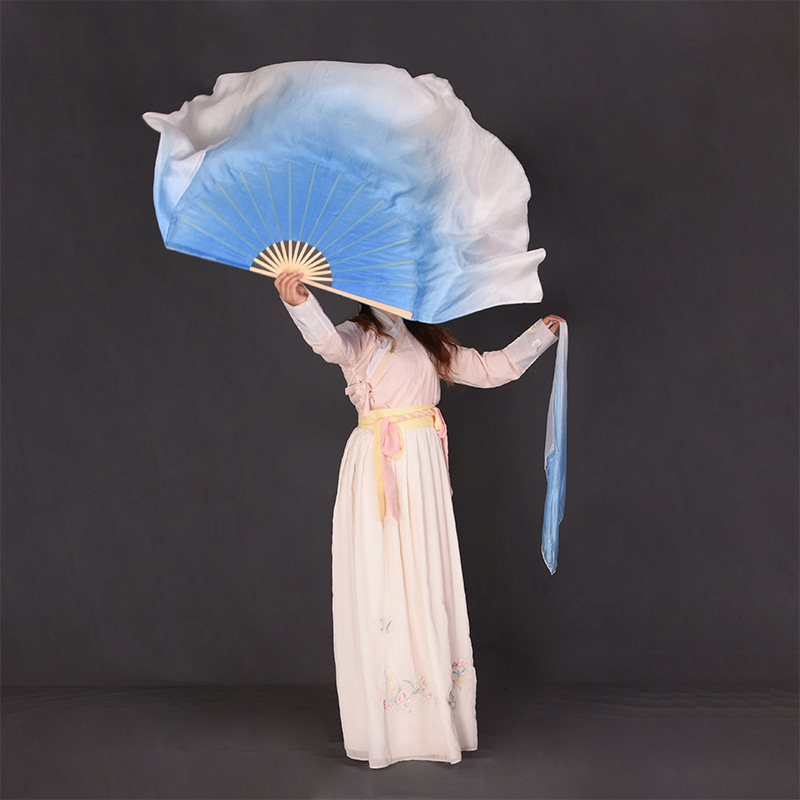 跳舞扇舞蹈扇子真丝大双面浅蓝渐变色加长古典舞广场舞胶州秧歌扇