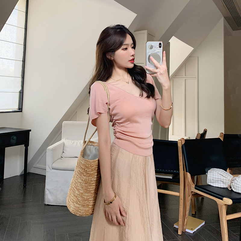 蝴蝶袖丝棉针织 ~设计感v领套头短款针织t恤女夏新款