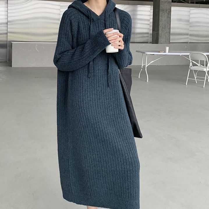 Autumn and Winter Hooded Sweater Women's Dress Straight Loose Long Outer Wear Knitted over-the-Knee Dress Casual Bottoming Shirt