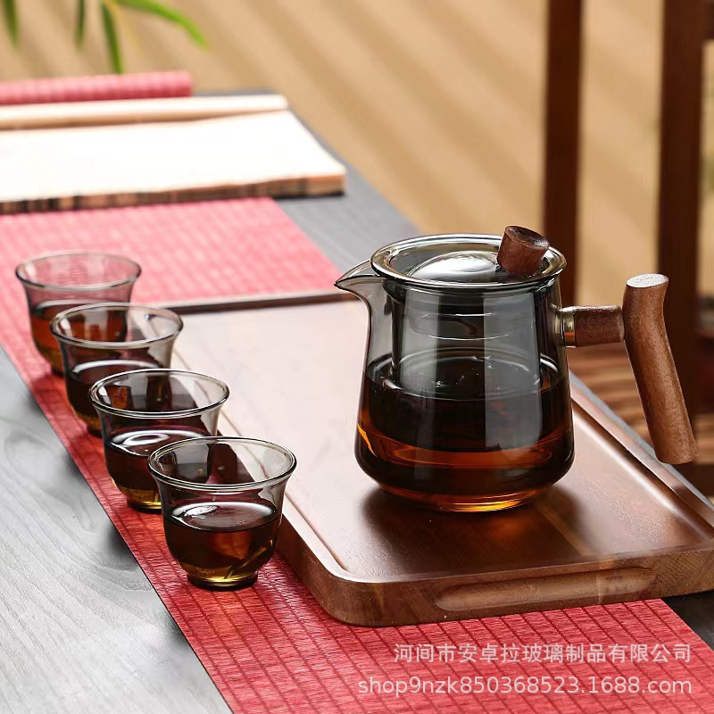 玻璃茶壶木把泡茶茶杯透黑三件杯茶水分离器煮茶壶家用办公烟榭壶