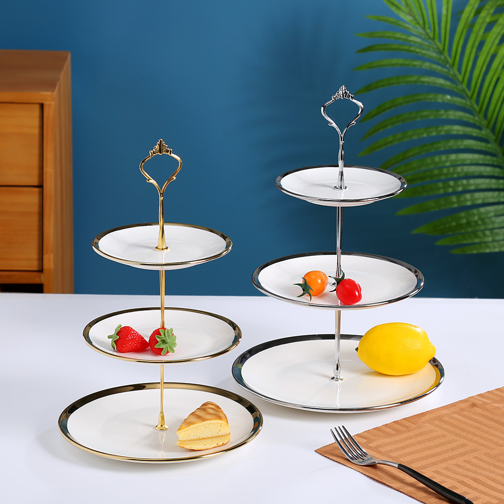 European Golden Rim Ceramic Cake Plate High-Grade Three-Layer Candy Plate Afternoon Tea Dessert Cake Stand Multi-Layer Fruit String Disk