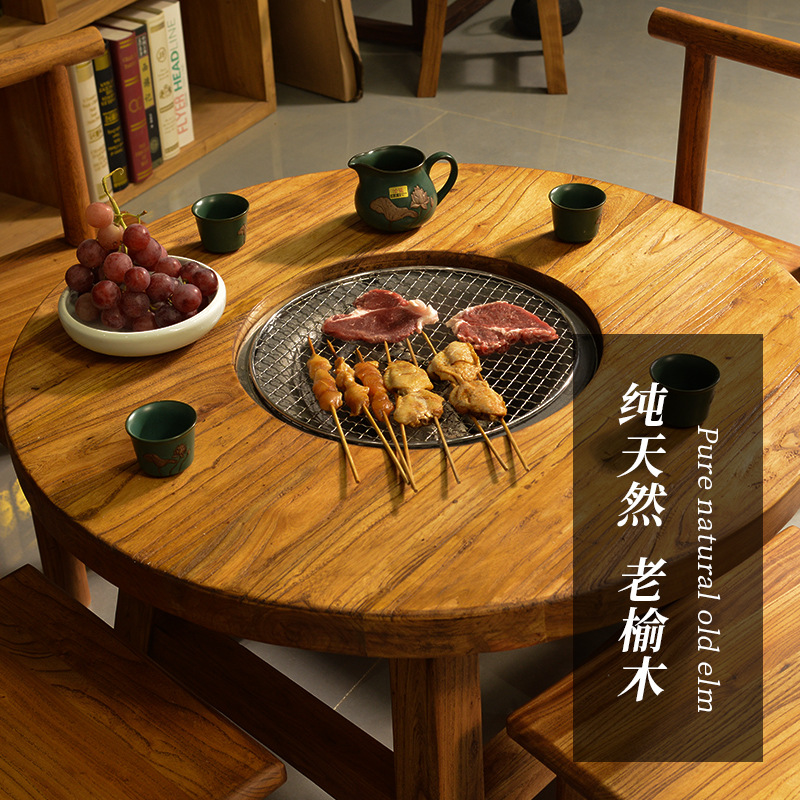 Old Elm Wood Stove Cooking Tea Table Outdoor Barbecue Table Hot Pot Table Small round Table Household Balcony Table Solid Wood Tea Table Tea Table