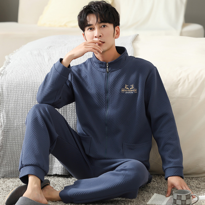 Pajamas Men's Spring and Autumn 60 Cotton Long-Sleeved Homewear Autumn and Winter Zipper Quilted Air Cotton Interlayer Suit