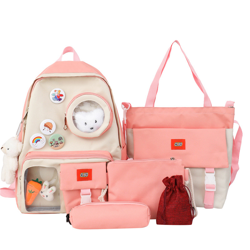 New Backpack Women's Four-Piece Set Girls' Trendy Backpack Oxford Cloth Harajuku Large Capacity Middle School Student Schoolbag