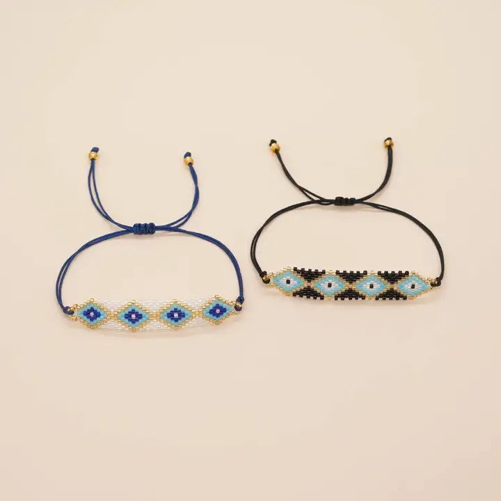 跨境感恩节欧美波西米亚风日本米珠编织眼睛菱形花纹女式手链