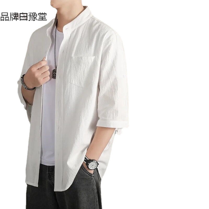 包邮亚麻衬衫男纯色衬衣宽松男装风夏季棉麻男士休闲外套七分袖衣