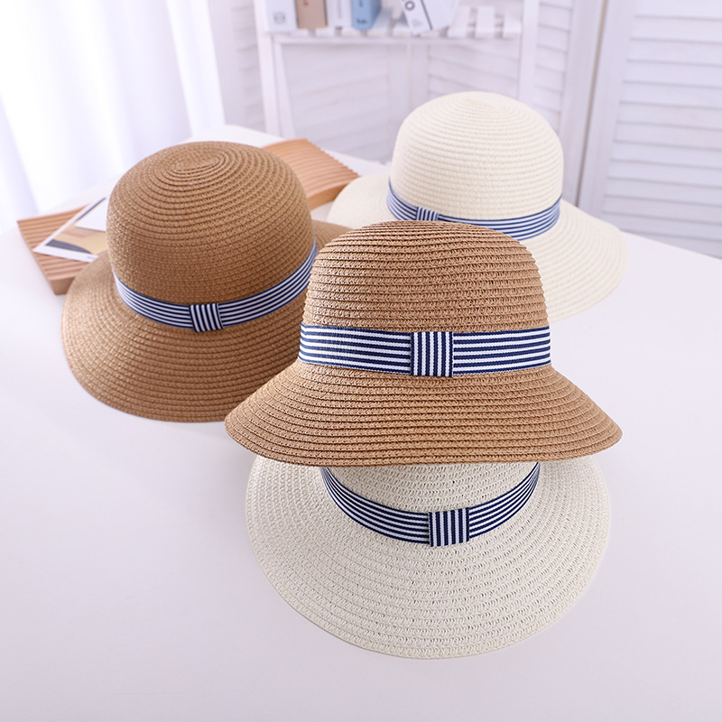 New Children's Basin Hat Boys and Girls Summer Parent-Child Straw Hat Small Fresh Bow Children Beach Sun Hat