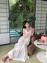 FairyJiang 夏季气质白色V领吊带连衣裙长款过膝无袖露肩仙女裙子