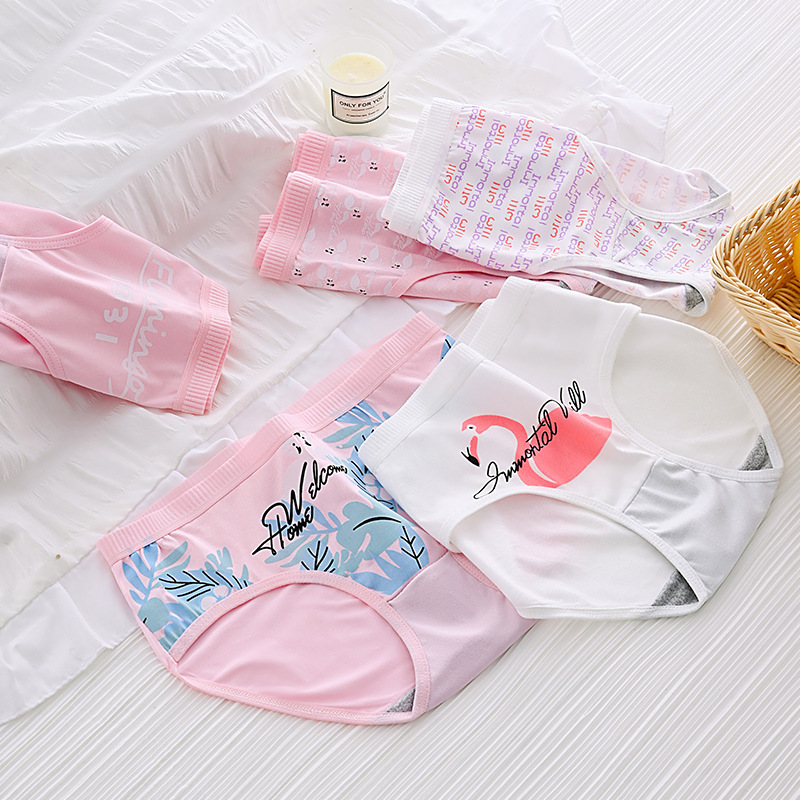flamingo underwear women‘s triangle cute shorts japanese cartoon printed girl mid-waist breathable girls‘ pants