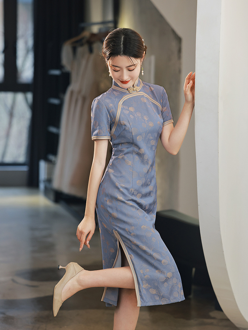 优雅蓝紫色双层tr提花旗袍日常修身改良印花女走秀上班旗袍连衣裙