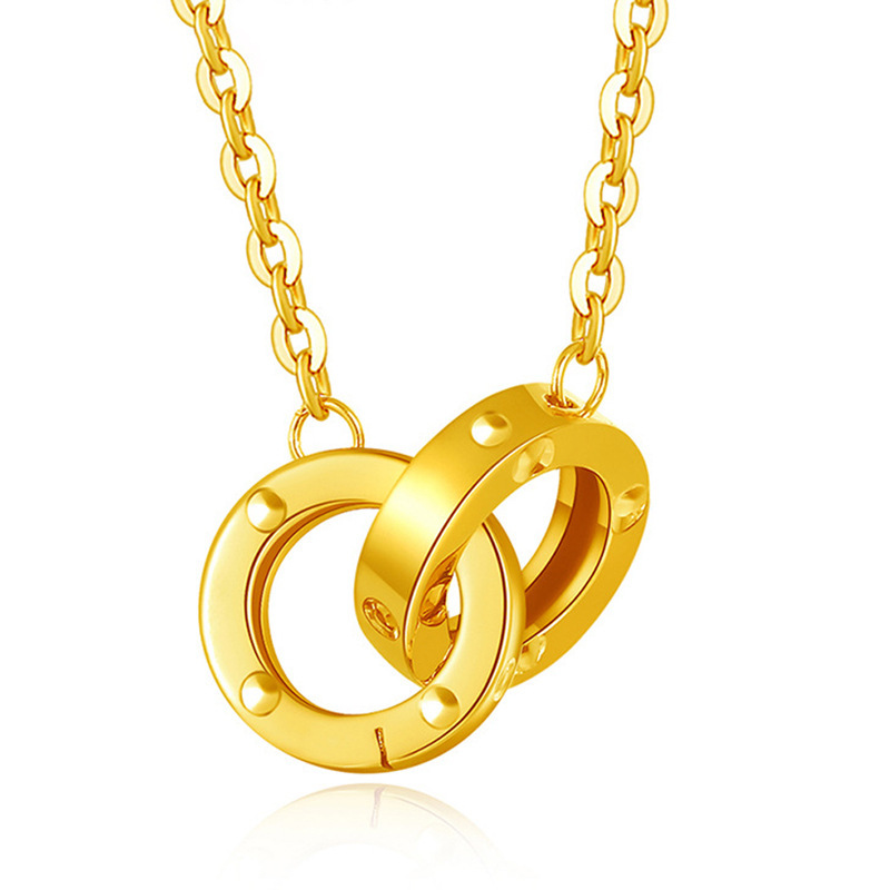 18k金双环项链 au750环环相扣套链 18k金彩金双环锁骨链项链