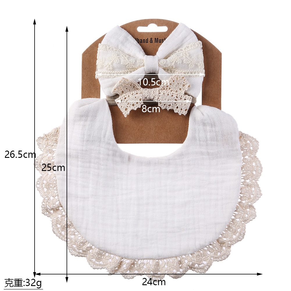 Baby Bib Lace Headband Set Pure Cotton Crepe Solid Color Double-Sided Waterproof Bib Baby Anti-Spitting Bib