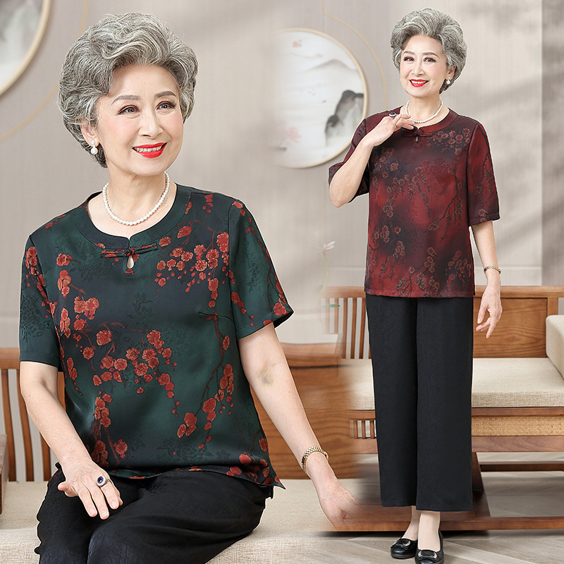 Middle-Aged and Elderly Women's Dress Summer Fashion T-shirt Middle-Aged Women Breathable Short Sleeve Loose New Grandma Top Western Style