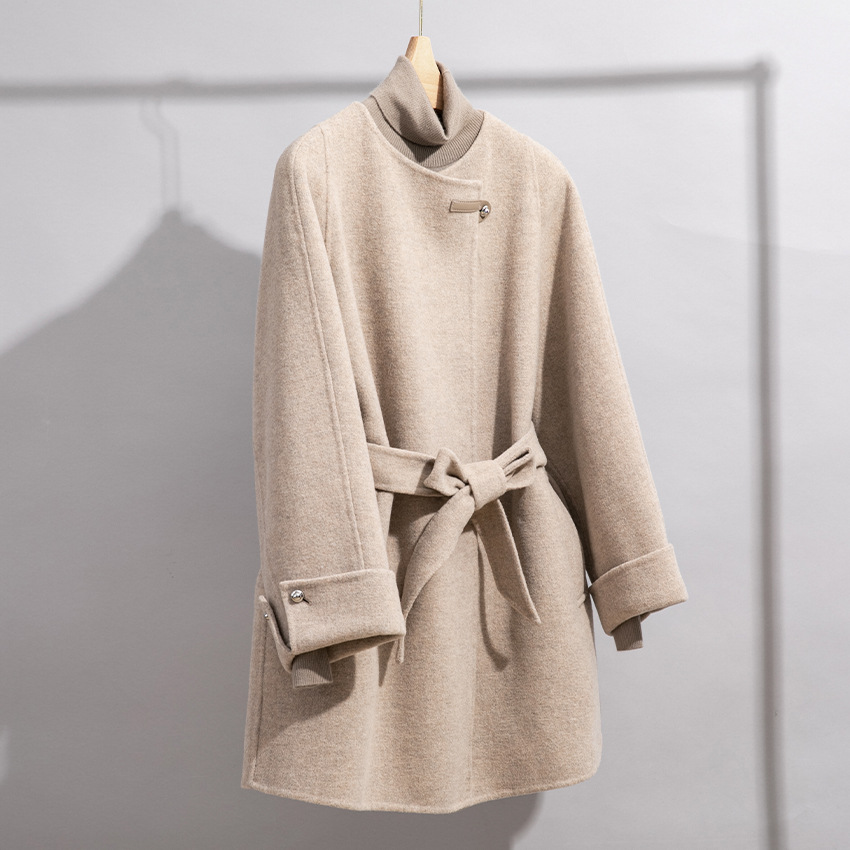 High-Grade Reversible Cashmere Coat Women's Mid-Length High-End Lace-up Loose Version Leather Ring Woolen Coat Autumn and Winter New