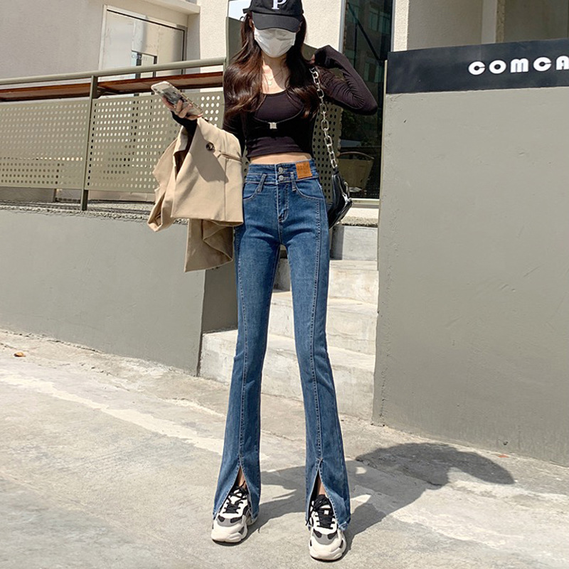   Front Slit Skinny Jeans for Women Spring and Summer New Elastic High Waist Tight Slimming Mopping Flared Pants