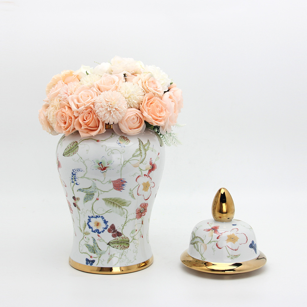 Jingdezhen Vase Ceramic Decoration Light Luxury Flower Bird Butterfly Temple Jar Artware Decorations Flower Arrangement Decoration