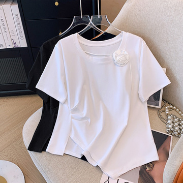 实拍大码女装设计感立体玫瑰花短袖t恤夏胖mm宽松遮肚子别致上衣