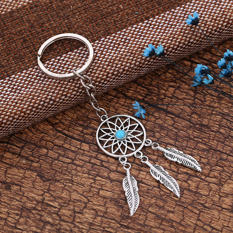 跨境热销创意树叶羽毛流苏松石吊坠钥匙扣 时尚捕梦网钥匙包挂件