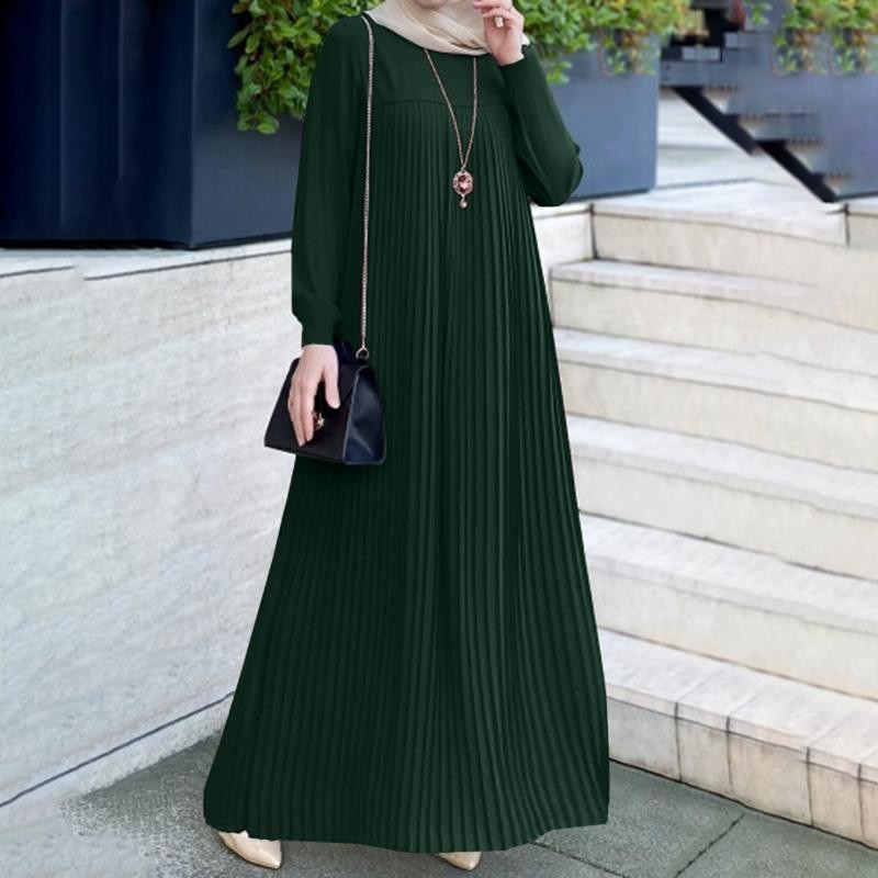 2024 Muslim Women's Wear Arabic Style Elegant Pleated Skirt Solid Color round Neck Long Sleeve Pleated Dress