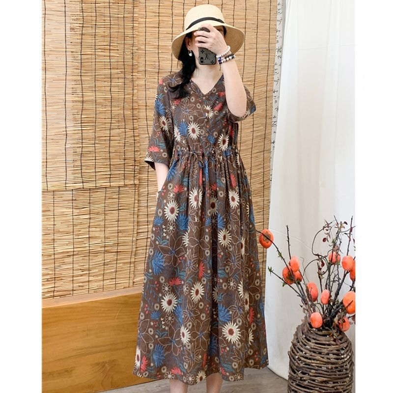 文艺棉麻碎花连衣裙女中长款春夏新款文艺宽松显瘦中袖抽绳裙子女