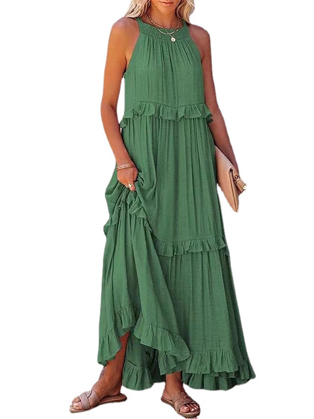 European and American 2023 Summer New Holiday Ruffled Long Dress Amazon Wide Hem Flowy Beach Dress for Women