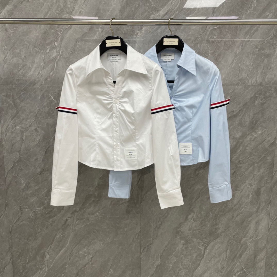 厂家直营tb季新款双袖织带褶皱修腰长袖衬衫减龄单排扣修身衬衫潮