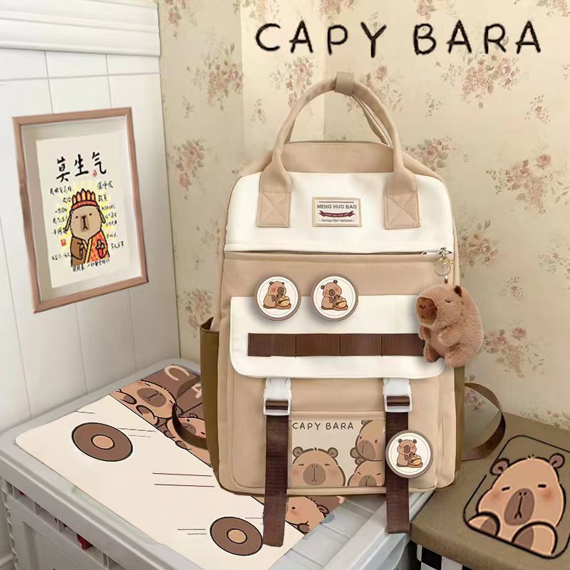 卡皮巴拉书包2024新款棕白护脊学院风高颜值1-6年级大容量学生女