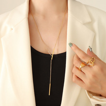 欧美朋克女款几何型Y字母设计中长条锁骨链不锈钢材质镀18K金项链