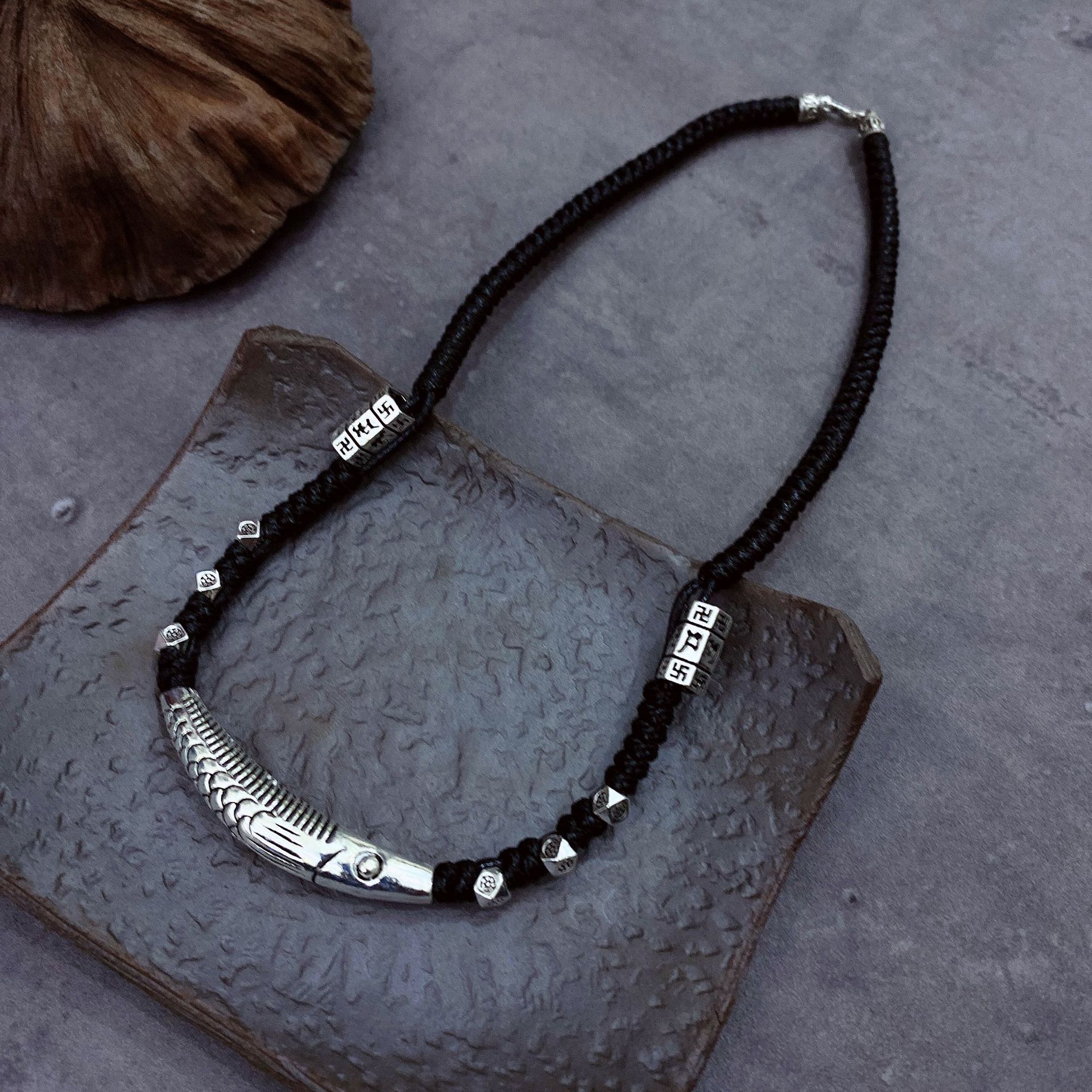 琪隆925纯银蜡绳手工银项链复古个性银饰品项链泰银diy横穿鱼配件