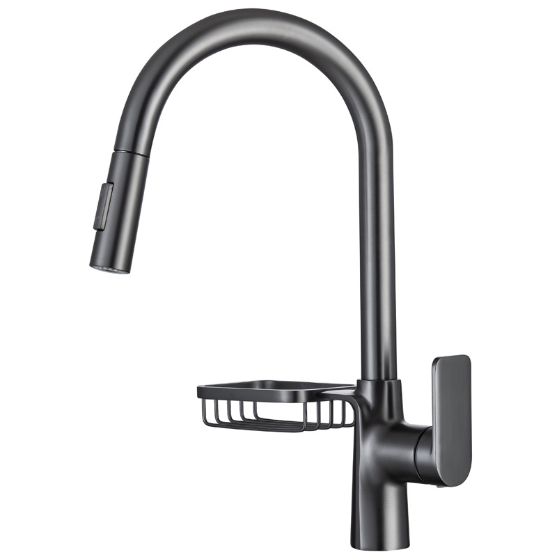 New Kitchen Faucet Splash-Proof Washed Kitchen Sink Black Sink Rotatable Hot and Cold Pull-out Faucet Copper Water Tap