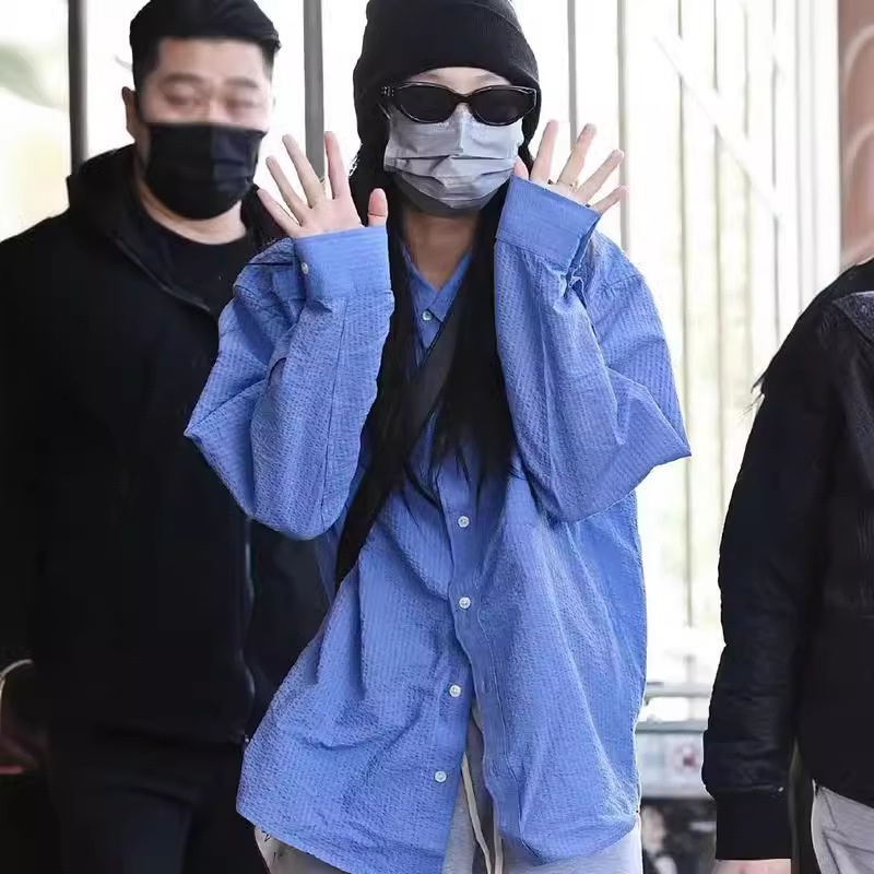 jennie金智妮同款早春韩版休闲长袖蓝色条纹宽松慵懒风衬衫上衣女