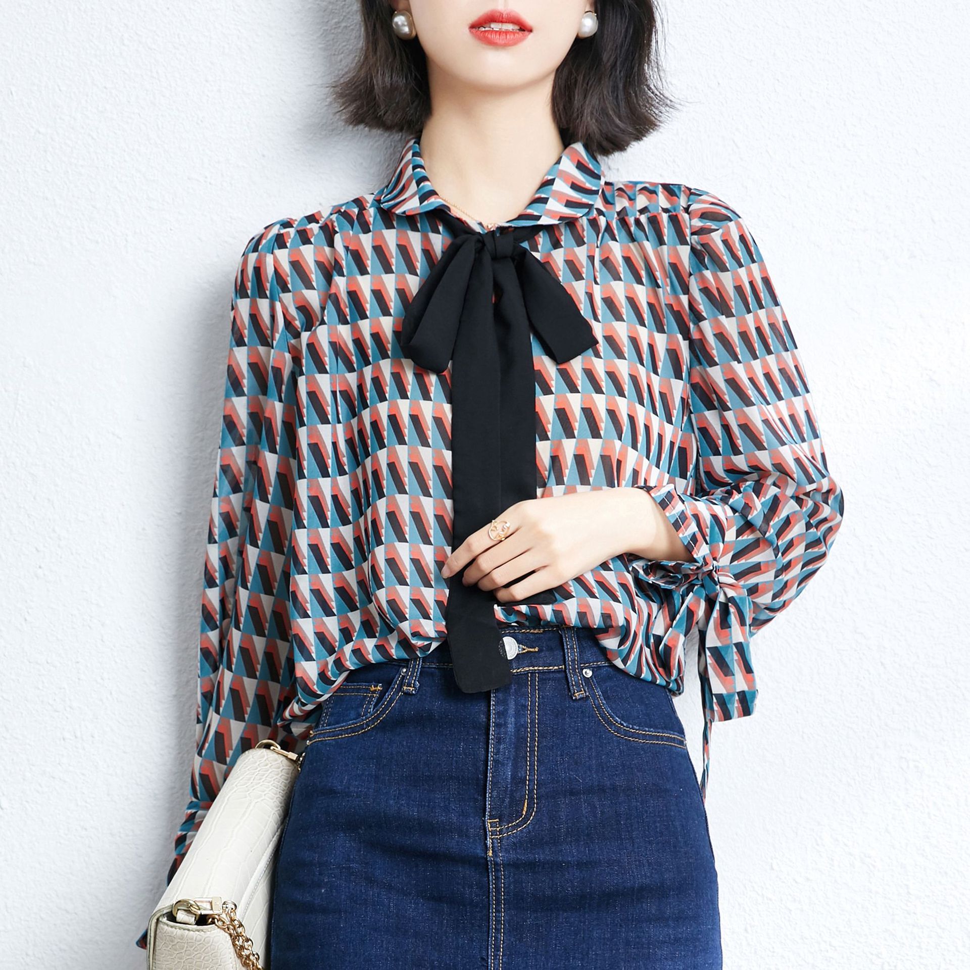 复古格子雪纺衫衬衣女2022春季新款宽松显瘦轻熟气质百搭衬衫上衣