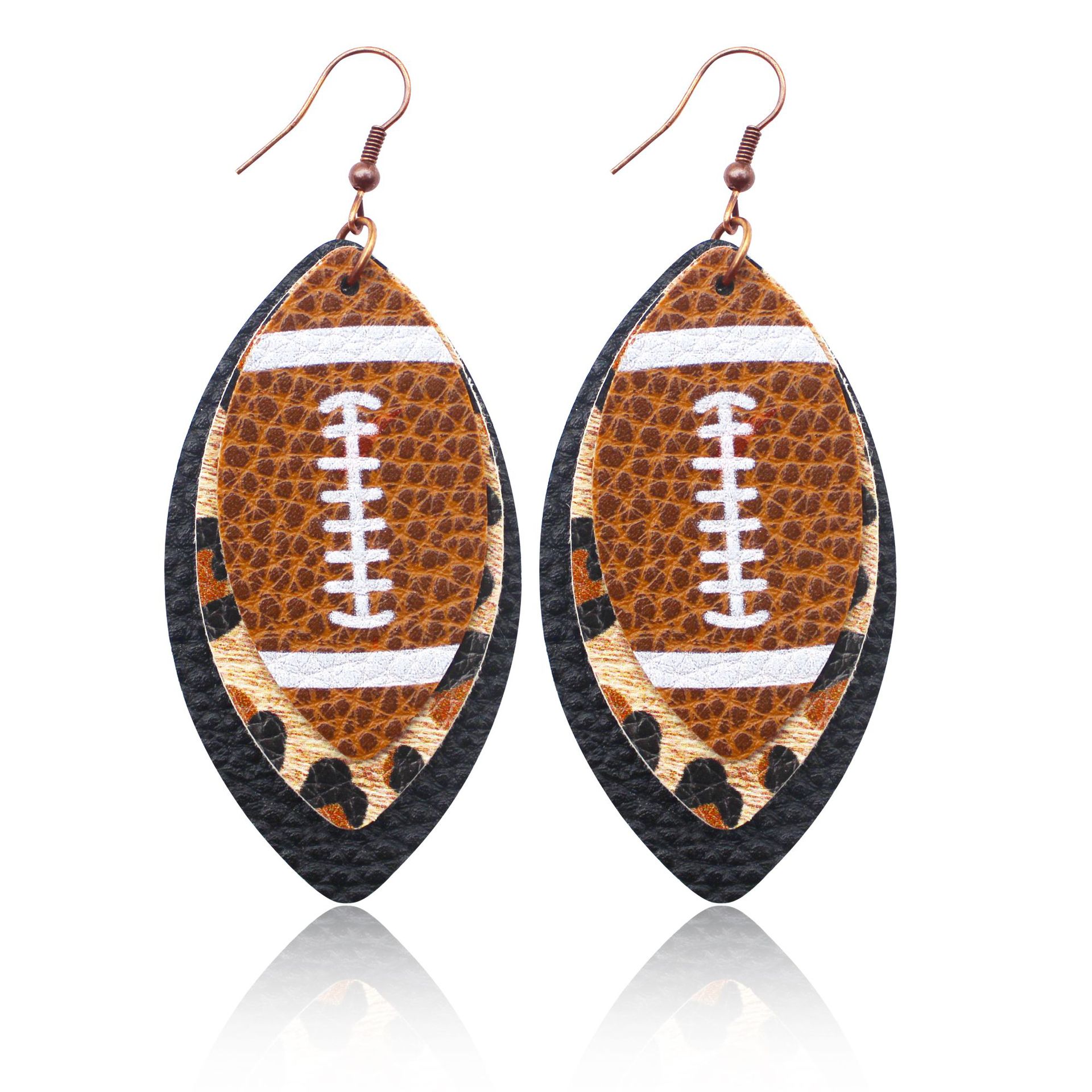 Sports Style Rugby Brown Leopard Print Leaves Three-Layer Leather Spot Drill Rugby Earrings Europe and America Cross Border Amazon