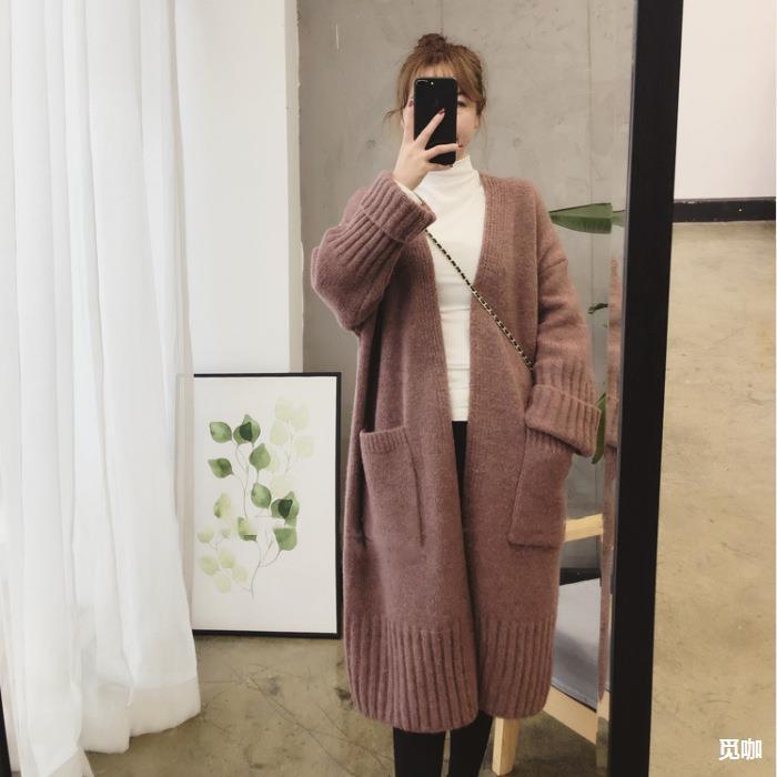 秋冬新款韩版宽松大口袋中长款针织衫开衫女网红加厚毛衣外套