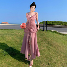 粉色玫瑰花吊带连衣裙女夏季收腰褶皱不规则开叉长裙气质鱼尾裙子