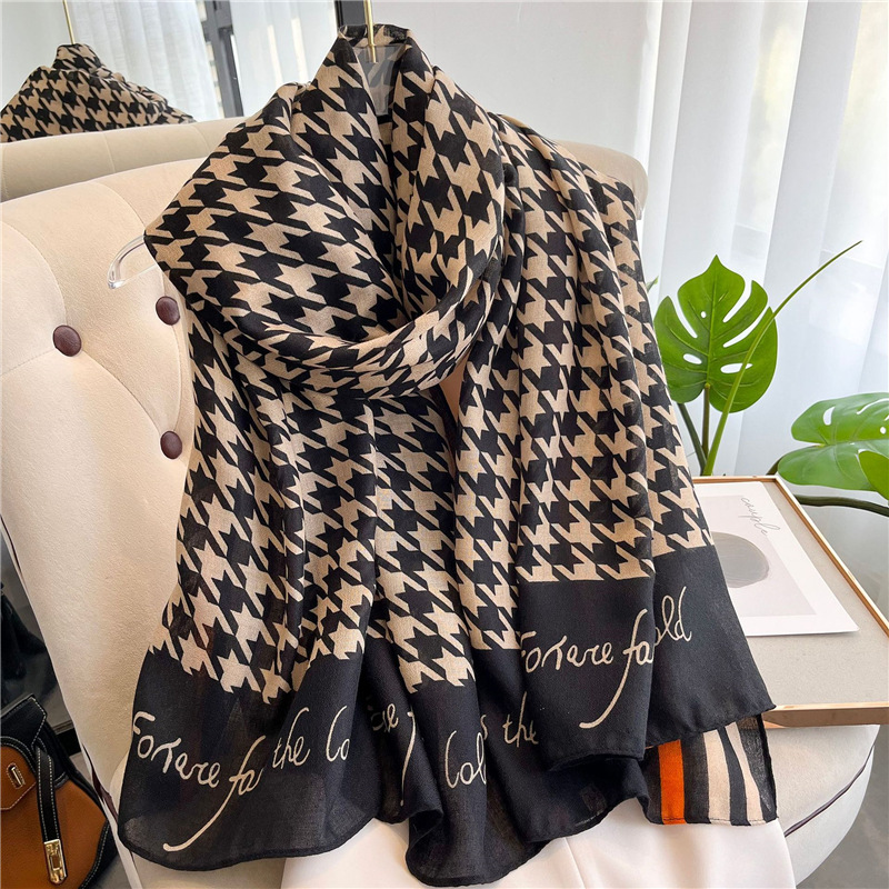 Korean Style Houndstooth Scarf Summer Thin Type Sunscreen Shawl Outer Match Silk Scarf Women's All-Match Seaside Scarf Beach Towel