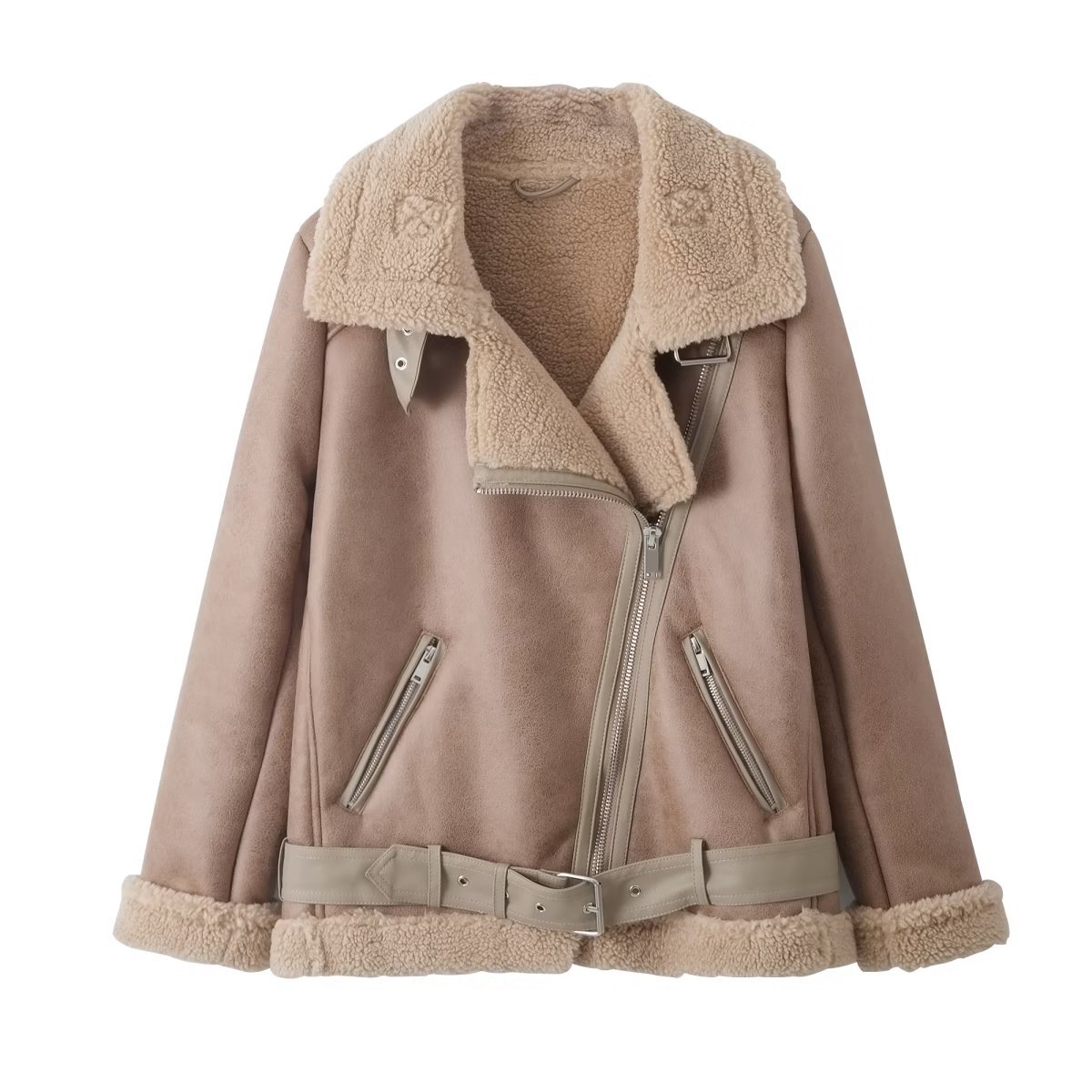 跨境欧美风2023秋冬季新款皮毛一体外套女加绒加厚保暖机车夹克女