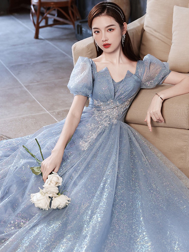 宴会晚礼服裙女2022秋冬新款蓝色洋气礼服裙气质名媛仙气纱裙法式