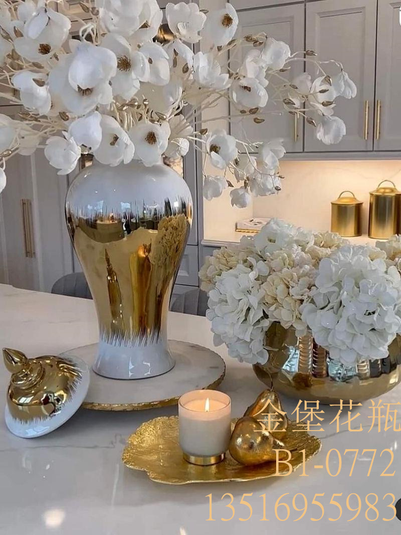 European-Style Electroplated Gold Ceramic Hat-Covered Jar Vase Decoration Light Luxury Crafts Model Room Soft Decoration Entrance Decoration