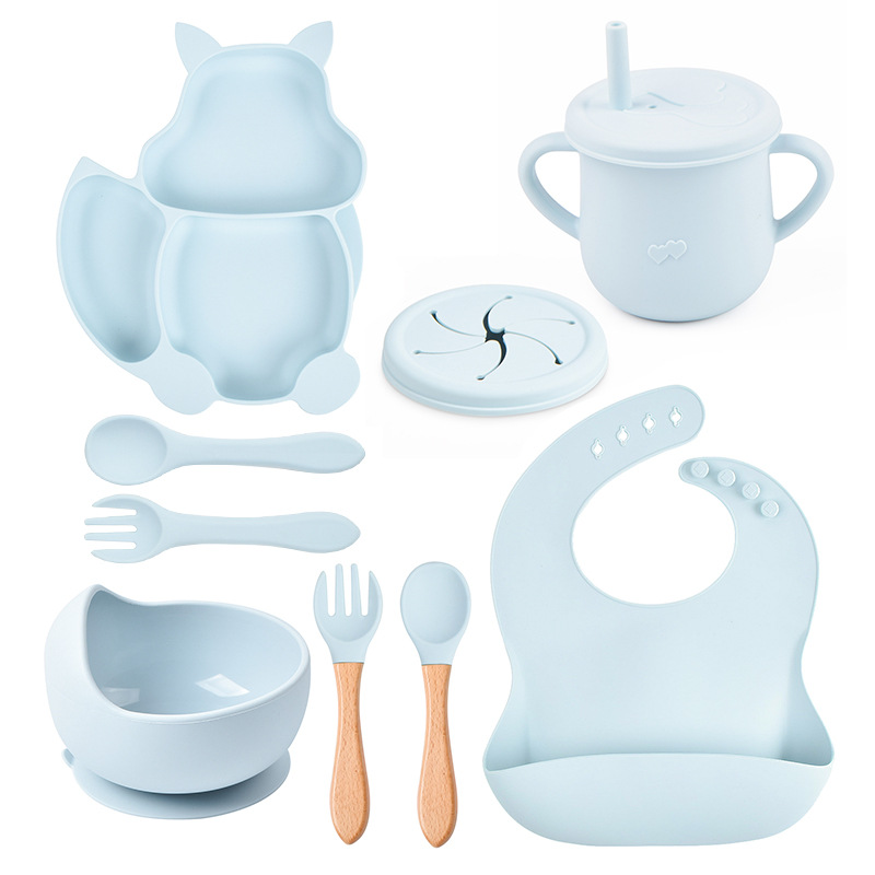 8-Piece Children's Squirrel Compartment Silicone Tableware Set Baby Silicone Food Supplement Set Children Silicone Plate