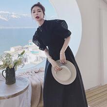 法式赫本风黑色泡泡袖连衣裙女夏2024新款小黑裙设计长裙小众设计