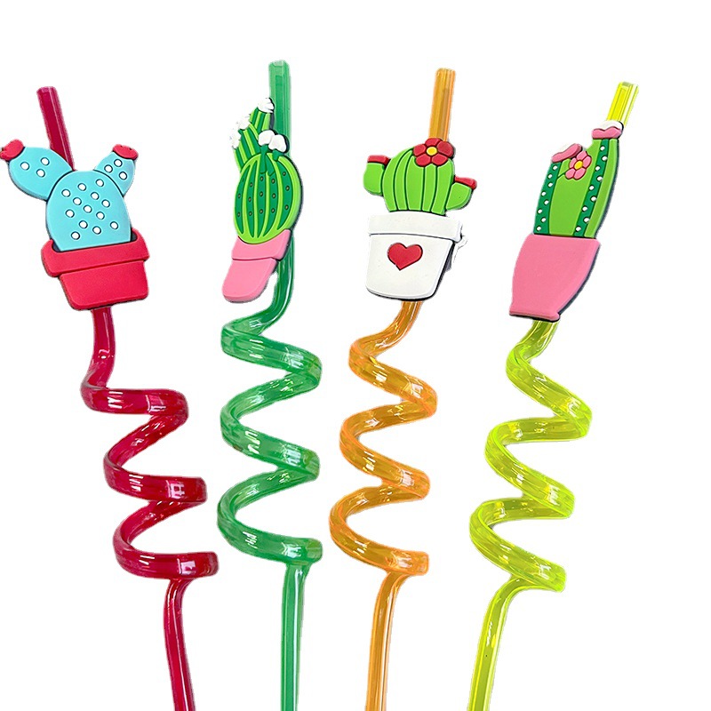 Spot Creative Straw Pet Spiral Shape Drink Straw Cactus Decorative Colorful Art Plastic Straw