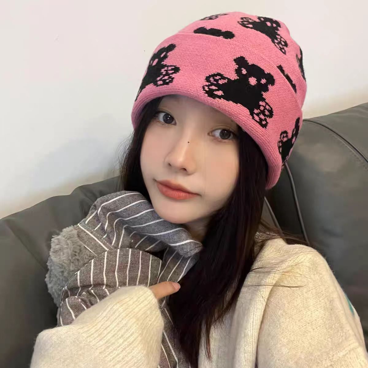 日系网红可爱小熊帽子女冬季保暖护耳大版显脸小毛线帽街头针织帽