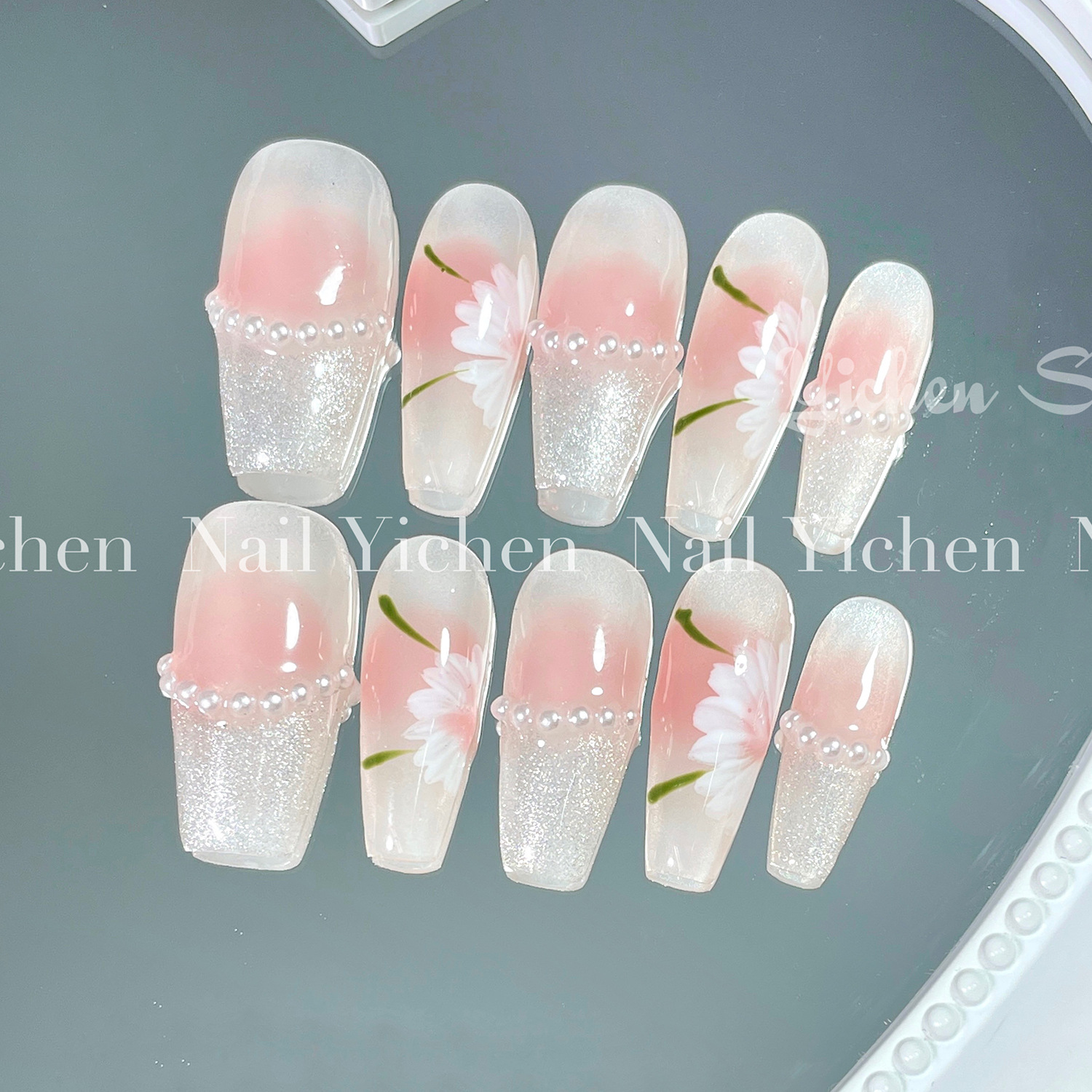 中款法式水晶猫眼穿戴甲粉色渐变显白可拆卸式纯手工美甲成品甲片