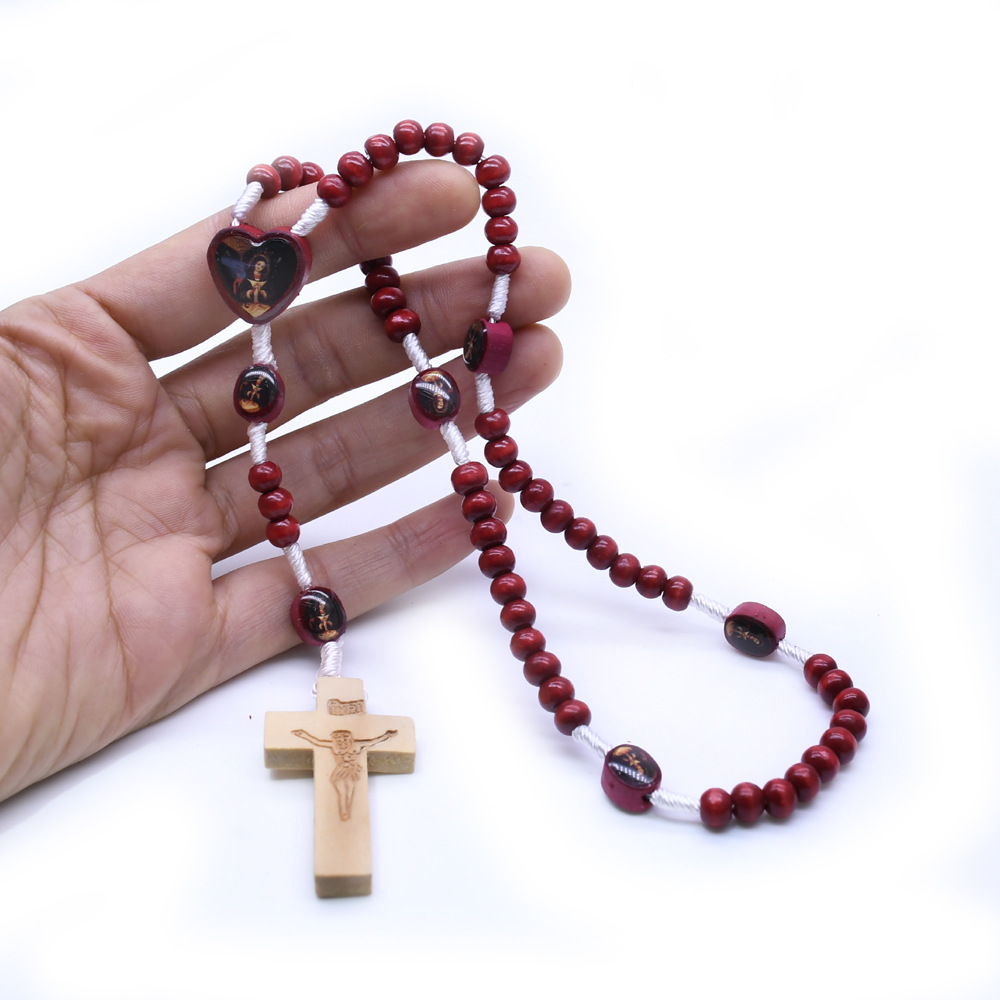 Foreign Trade Hot Wine Red Map Wooden Bead Hand-Made Religious Rosary Necklace Cross Ornament Hand-Held Rosary