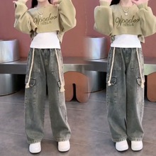 女童秋装套装2023新款韩版中大童女孩洋气卫衣牛仔阔腿裤三件套潮
