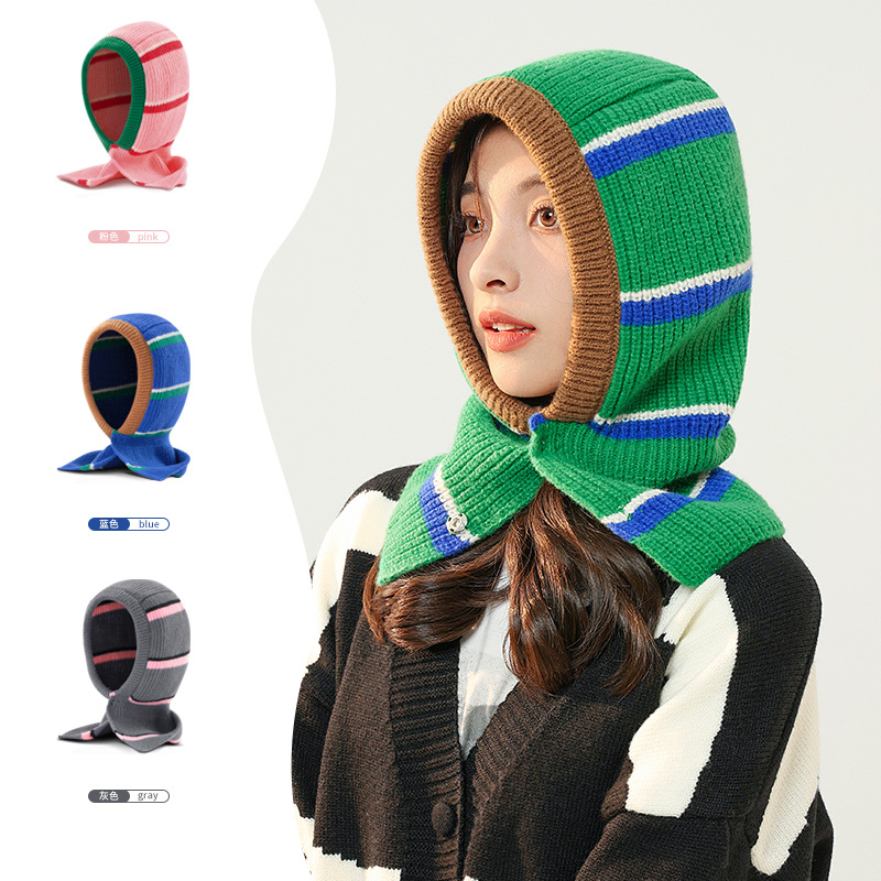 Korean Style Autumn and Winter Loose Striped Knitted Pull Hat Women's Warm One-Piece Scarf Wool Sleeve Cap Ear Protection Contrast Color