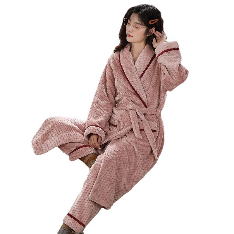 Factory Coral Fleece Couple Nightgown Flannel Bathrobe Pajamas Extended Thickened Women's Winter Fleece-lined